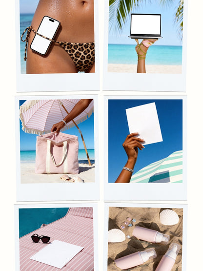 Summer Scene Kit showing 30 PNG images including turquoise water beaches, tropical landscapes, hands holding items, coconuts, palm trees, and coastal summer elements for content creation