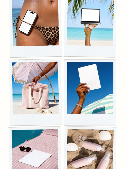 Summer Scene Kit showing 30 PNG images including turquoise water beaches, tropical landscapes, hands holding items, coconuts, palm trees, and coastal summer elements for content creation