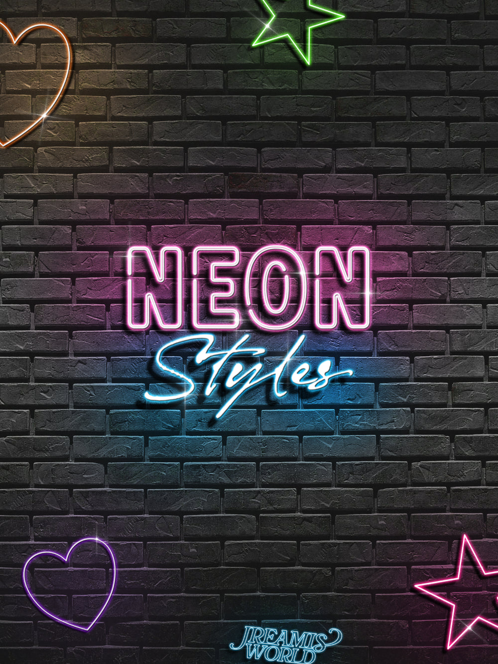 Neon text 'NEON Styles' on a brick wall background with neon hearts and stars.