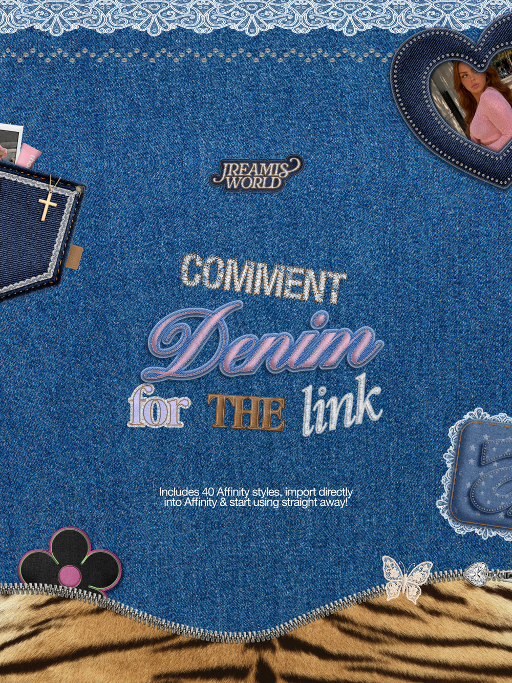 Blue denim fabric with sewing elements and 'Dreams World' branding.