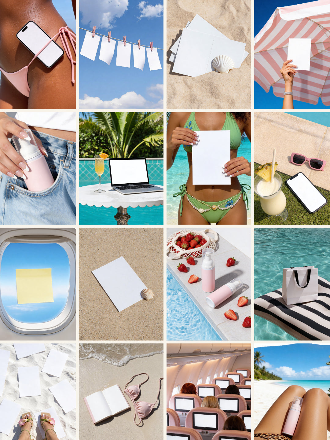 Summer Scene Kit showing 30 PNG images including turquoise water beaches, tropical landscapes, hands holding items, coconuts, palm trees, and coastal summer elements for content creation
